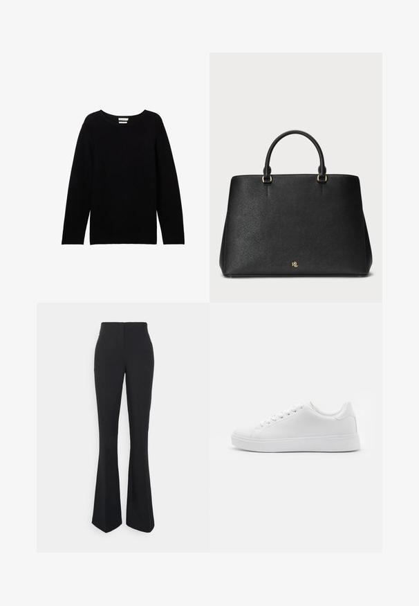 Črni, dolgi rokavi pulover iz rebraste tkanine s skupnim ovratnikom in spuščenimi rameni, ki ima sproščen kroj in brez vidnih dodatkov.; ONLY Tall ONLEDINA FLARE PANT - Hlače - black; Beli copati z gladkim sintetičnim zgornjim delom, okroglim nosom, šestimi odprtinami za vezalke in nizkoprofilno gumijasto podplatom z teksturiranim detajlom.; Črna usnjena torbica z strukturiranim dizajnom, gladko teksturo in dvema zgornjima ročajema. Ima zlate poudarke in logotip na dnu.
