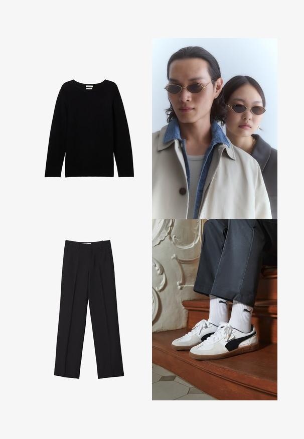 Schwarzer Langarmpullover aus geripptem Stoff mit rundem Halsausschnitt und überschnittenen Schultern, der eine lockere Passform hat und keine sichtbaren Akzente aufweist.; Schwarze maßgeschneiderte Hosen mit geradem Bein, doppelten Falten, glatter Textur und dezenten Vordernahtdetails.; Puma-Sneaker aus weißem und schwarzem Wildleder mit einer braunen Gummisohle. Kombiniert mit weißen Socken, die ein schwarzes Logo zeigen, getragen zu dunklen Hosen.; Goldfarbene Sonnenbrille mit ovalen Gläsern, getragen von zwei Personen. Eine Person trägt einen beigen Mantel mit einem Denim-Kragen; die andere in einem dunklen Oberteil mit Kragen.