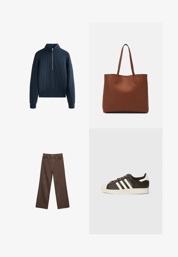 Námornícky modrá mikina na zips s vysokým golierom, so bielymi vertikálnymi pruhmi, širokými dlhými rukávmi a rebrovaným lemom. Hladká textúra.; Džínsy s širokými nohavicami v hnedej farbe, vyrobené z denimu, so zvýšeným pásom, prednými vreckami a klasickým zapínaním na gombík. Hladká textúra s jemným prešívaním.; Nízke tenisky Adidas Superstar z tmavohnedej kože s béžovou špičkou, bielymi pruhmi a nápisom „Superstar“ na boku.; Hnedá kožená taška na rameno s hladkou textúrou, otvoreným vrchom a dvoma ramenými popruhmi. Má minimálne šitia a žiadne viditeľné kovania.