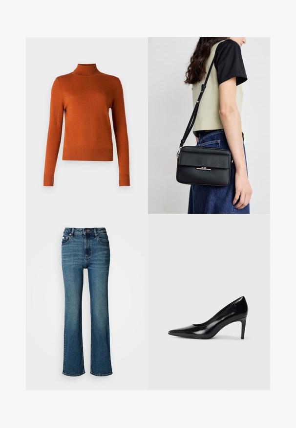 pure cashmere SIMPLE HIGH NECK SWEATER - Pulóver - heather orange; Magas derekú kék farmernadrág, egyenes szárú dizájnnal, enyhe kopással és normál gombos-zipzáros záródással.; Fekete bőr magassarkú cipő, hegyes orral, sima textúrával és kúpos sarkal. Minimalista dizájn, nincsenek további díszítések.; Calvin Klein LINEAR CAMERA BAG - Keresztpántos táska - black