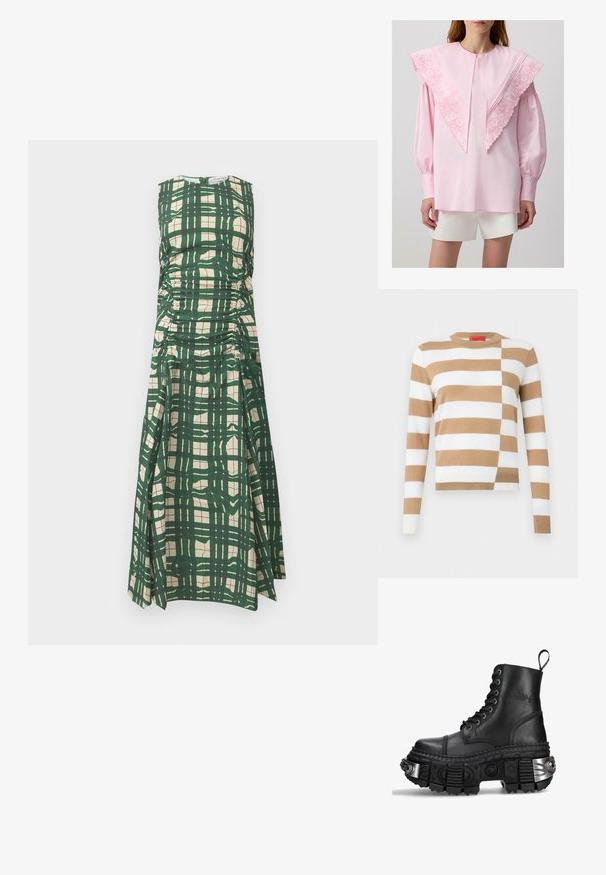 Gestreepte trui in bruin en wit, met lange mouwen, een ronde hals, en een textuur gebreid ontwerp. Opvallend asymmetrisch patroon.; Groen en crèmekleurig geruit mouwloos jurk met geplooide zijdetail en een ronde halslijn, gemaakt van een gladde, textuurrijke stof.; Roze blouse met een grote, geborduurde kraag met bloemmotieven, lange mouwen en geplooide manchetten, gecombineerd met witte shorts.; Zwarte leren combatboot met hoge schacht, ronde neus, dikke gestructureerde zool, zilveren hardware-accenten en een kenmerkend profielpatroon.