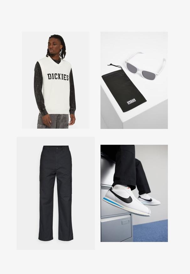 Fehér kötött mellény V-nyakkivágással, amelyen a "DICKIES" szó vastag fekete betűkkel szerepel. Fekete, hosszú ujjú pólóra van rétegezve.; Fekete cargo nadrág egyenes szárú kialakítással, oldalsó zsebekkel és texturált anyaggal. Gombos zárás a deréknál a biztonságos illeszkedésért.; Fehér bőr sportcipő fekete Nike logóval, világoskék és szürke gumitalppal, valamint klasszikus fűzős kialakítással. A lábak egy iratmegőrző szekrényen pihennek.; Fehér műanyag napszemüveg szürke lencsékkel egy fekete szövet táska mellett, amelyen a fehér "URBAN CLASSICS" logó boldog betűkkel szerepel.