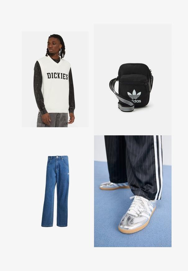 White knitted vest with a v-neckline, featuring the word "DICKIES" in bold black letters. Layered over a black long-sleeve shirt.; adidas Originals ADICOLOR DENIM FIREBIRD - Relaxed fit jeans - medium blue denim; Metallic silver sneakers with white laces and three white stripes, paired with black pinstriped pants. Gum sole accent at the bottom.; Black fabric crossbody bag with a zipper closure, featuring a white Adidas logo and a striped adjustable strap for easy carrying.