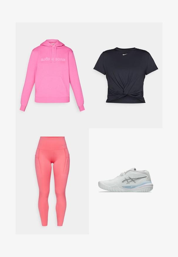 Rosa hettegenser laget av en bomullsblanding, med en frontlomme og "BJÖRN BORG"-logo i hvitt. Glatt tekstur, uformelt design.; Svart trenings T-skjorte laget av glatt stoff, med en knyttet frontdesign og en liten hvit Nike-logo på brystet.; Høytlivte rosa leggings med en jevn tekstur, som har to sidedekker og et lite logoakcent nær livlinjen.; Hvite joggesko med en teksturert overdel, som har en gjennomskinnelig blå såle og subtle gråmerker på siden. Rund tå og lav profil.
