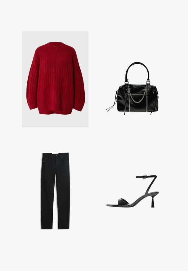 Piros bordázott pulóver kerek nyakkal, ejtett ujjakkal és laza fazonnal. Texturált anyagból készült, meleg, puha megjelenéssel.; Fekete farmernadrág egyenes szárú fazonnal, öt zsebbel, fémből készült gombzárral és diszkrét varrási részletekkel. Sima textura.; Bershka Magas sarkú szandálok - black; Bershka WITH CHAIN - Kézitáska - black