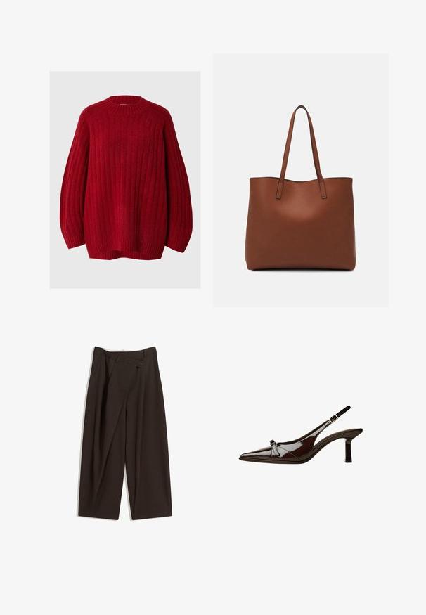 Maglione rosso a coste con collo tondo, maniche scese e vestibilità ampia. Realizzato in tessuto testurizzato con un aspetto caldo e morbido.; Pantaloni a gamba larga marrone scuro con vita alta, dotati di una chiusura con bottone singolo e una parte anteriore plissettata. Realizzati in tessuto leggero.; Scarpa slingback in pelle verniciata marrone con punta appuntita, tacco basso e un accentuato fiocco decorativo nella parte anteriore. Texture liscia e lucente.; Borsa tote in pelle marrone con texture liscia, design con apertura superiore e due spallacci. Presenta cuciture minime e nessun hardware visibile.