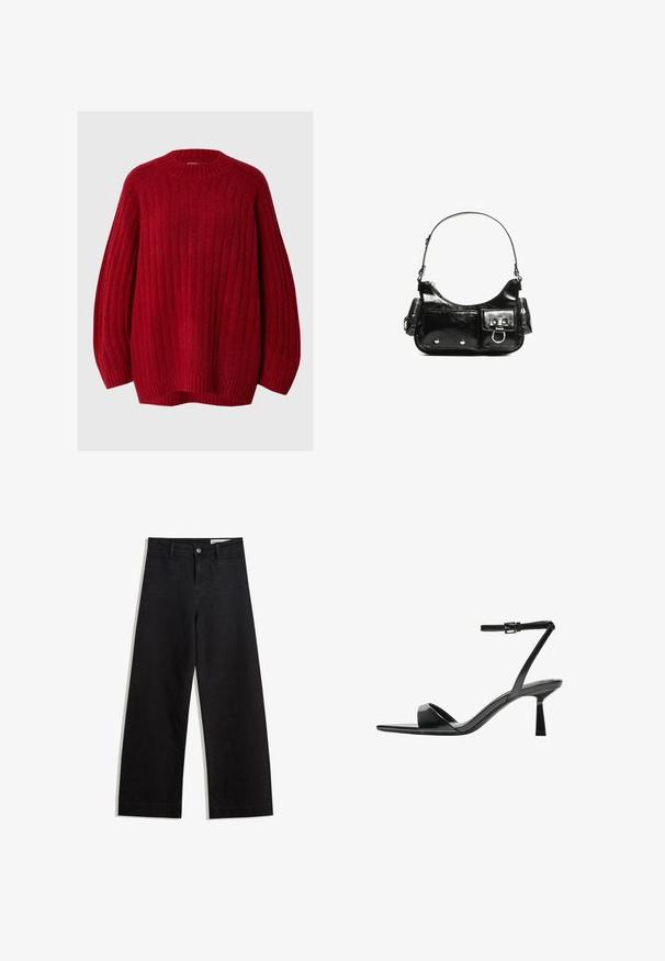 Pulover roșu cu striții, cu guler rotund, mâneci lăsate și croială lejeră. Fabricat dintr-un material texturat cu un aspect cald și moale.; Pantaloni din denim negri cu picioare largi, cu talie înaltă, având buzunare frontale și posterioare, cusături dublate și închidere cu nasture. Textură netedă.; Bershka Sandale cu toc - black; Geantă de mână din piele lăcuită neagră, cu o formă curbată, un umăr, buzunare frontale și accente din metal argintiu.