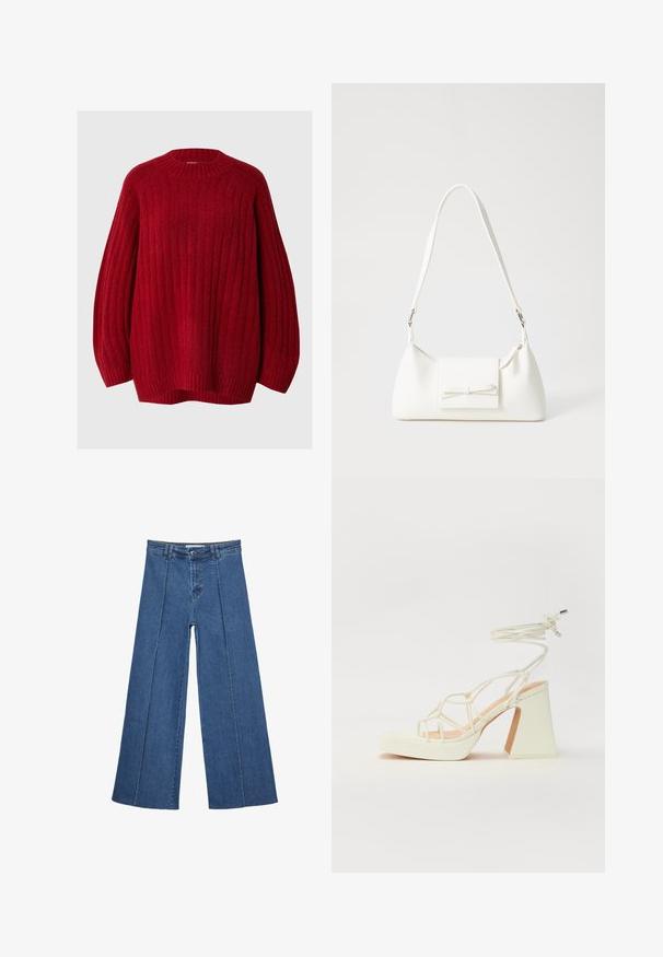 Roter gerippter Pullover mit rundem Halsausschnitt, überschnittenen Schultern und lockerer Passform. Hergestellt aus strukturiertem Stoff mit einem warmen, weichen Aussehen.; Weite Jeans aus Denim in Mittelblau, mit hoher Taille, Knopfverschluss und kontrastierenden vertikalen Nahtdetails an der Vorderseite.; Weiße High-Heel-Sandale mit einem klobigen Absatz, die über ein Riemchendesign und ein Knöchelband verfügt. Glatte Textur mit einer Plattform vorne für zusätzliche Höhe.; Weiße synthetische Handtasche in dreieckiger Form, flache Vorderklappe und Schleifendetail, verstellbarer Trageriemen, glatte Textur und minimalistisches Design.
