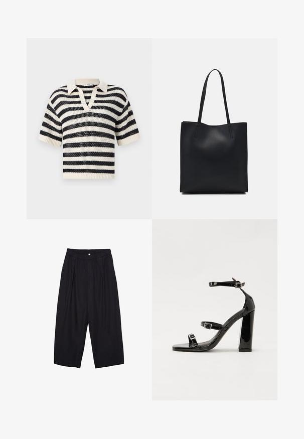Potreben pulover s kratkimi rokavi in V-izrezom v kremni in morsko modri barvi, z ribanim robom in teksturiranim odprtim tkanjem.; Črne poliesterske culotte hlače z elastičnim pasom, dvema sprednjima nabiranjema in ohlapnim krojem. Brez vidnih vzorcev ali kovinskih detajlov.; Črne lakirane sandale s peto, kvadratnim prstom, trakovi okrog gležnja in srebrnimi zaponkami. Opremljene so s stabilno Debelo peto.; Črna usnjena torba s svilnato teksturo, pravokotne oblike in dvema dolgima ročajema. Brez vidnih metalnih delov ali okrasnih elementov.