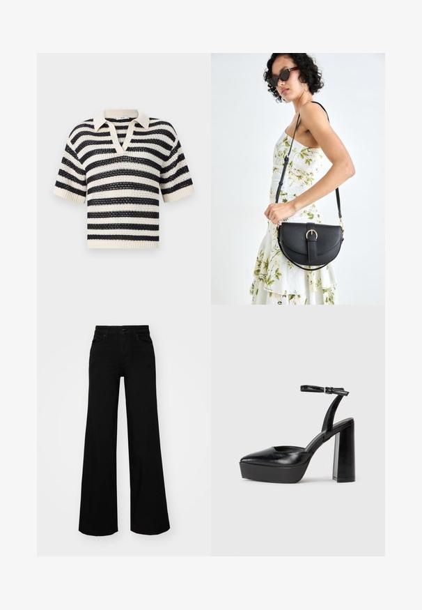 Pruhovaný pletený polo sveter v krémovej a námorníckej farbe, s výstrihom do V, krátkymi rukávmi, ribovanými manžetami a textúrovanou otvorenou väzbou.; Čierne široké nohavice z denimu s pevným pásom, pútkami na opasok a prednými vreckami. Hladká štruktúra s klasickým dizajnom.; Čierne platformové podpätky so špicatou špičkou a nastaviteľným členkovým remienkom. Vyrobené z hladkej kože a so robustným blokovým podpätkom.; Čierna kožená kabelka s zaobleným tvarom, odnímateľným popruhom a zlatými doplnkami. Kabelka má klopu s detailom s prackou.