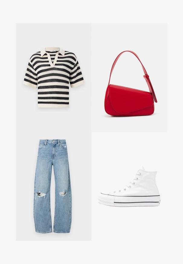 Csíkos kötött polo pulóver krém és tengerészkék színben, V-nyakkal, rövid ujjakkal, bordázott mandzsettákkal és texturált nyitott szövettel.; Világoskék, magas derekú farmernadrág. Széles lábakkal, két szakadt térddel és klasszikus öt zsebes dizájnnal rendelkezik.; Fehér magaskorsó vászon sportcipő fekete gumi talppal, elülső gumi orrnyereggel és hat fűzőlyukkal, letisztult, minimalista dizájnnal.; Piros bőr kézitáska szögletes, geometrikus kialakítással. Egy állítható pánttal és varrott részletekkel ellátott fedélzárral rendelkezik.