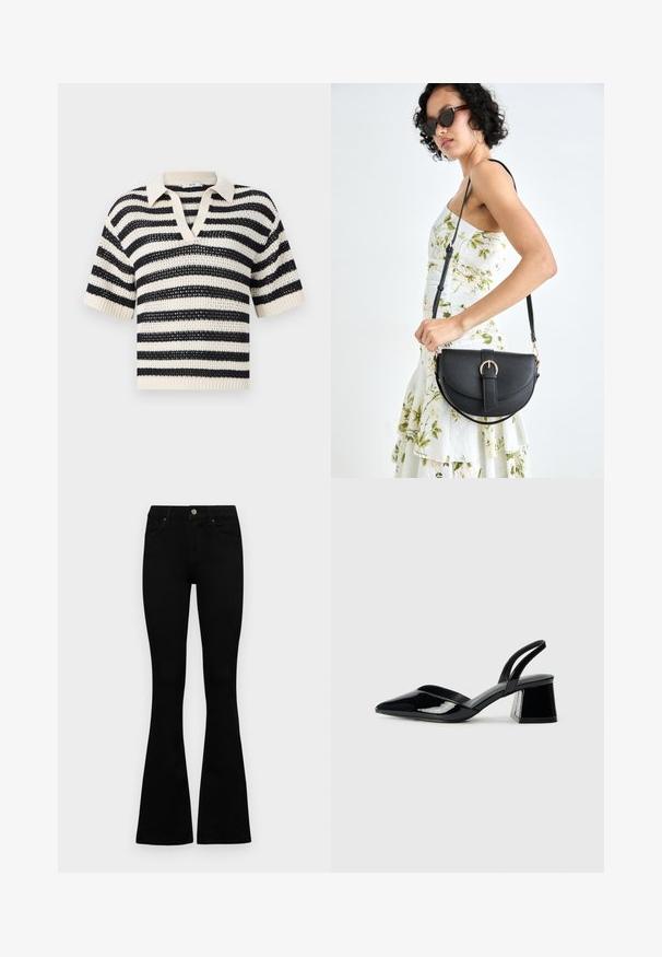 Dryžuotas megztas polo džemperis kreminės ir tamsiai mėlynos spalvų, su V formos iškirpte, trumpomis rankovėmis, ribotais rankogaliais ir tekstūruotu atviru audimu.; Juodos aukšto liemens džinsai su mygtuku ir užtrauktuku, priekinėmis kišenėmis ir platėjančiomis kojomis, išdėstyti ant baltos fono.; Juodos lakuotos odinės šlepetės su smailiu pirštu ir geometriniu bloko kulnu. Turi elegantišką, minimalistinį dizainą ir lygų paviršių.; Juodas odinis krepšys su išlenkta forma, nuimamu dirželiu ir auksiniais detalėmis. Krepšys turi kilpą su sagtimi.