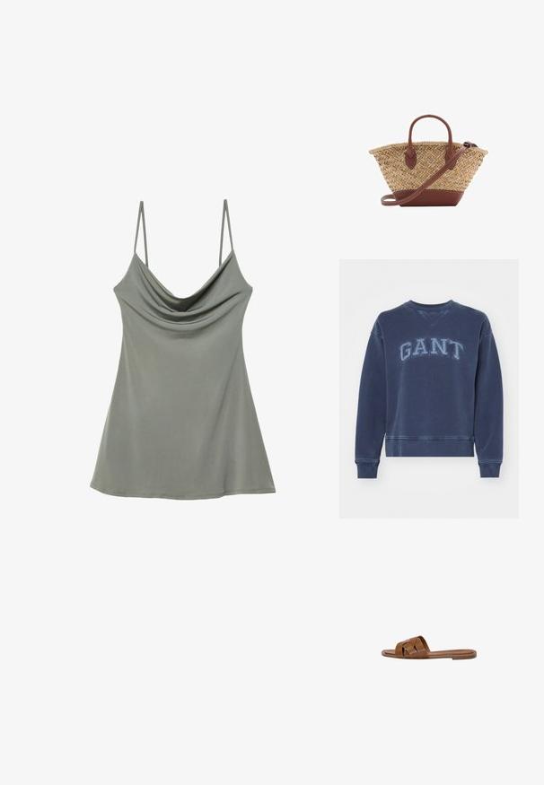 Granatowy sweatshirt wykonany z bawełny, z prążkowanym dekoltem okrągłym, długimi rękawami, elastycznymi mankietami oraz haftowanym logo "GANT" z przodu.; Luźna, jasnoszara bluzka na ramiączkach z cienkimi, regulowanymi paskami, wykonana z miękkiego materiału, charakteryzująca się swobodnym krojem i gładką teksturą.; Brązowe skórzane klapki z krzyżującymi się paskami, płaską podeszwą i gładką fakturą. Prosty design bez ozdób czy wzorów.; Woven straw basket bag with brown leather accents, two handles, and a detachable strap. Curved shape with a sturdy base.