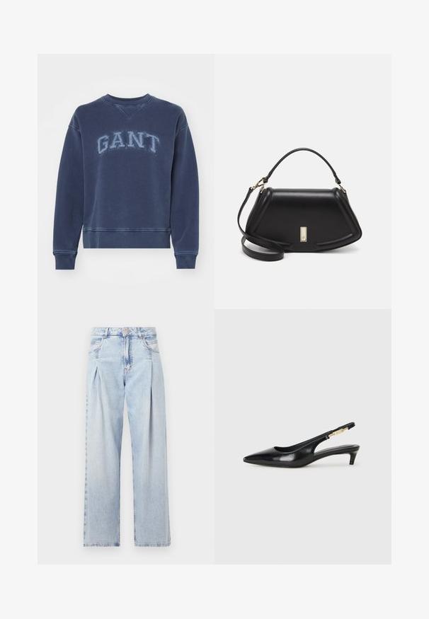 Navy sweatshirt made of cotton, featuring a ribbed crew neck, long sleeves, elastic cuffs, and embroidered "GANT" logo on the front.; Light blue denim jeans with a high waist, wide-leg cut, two side pockets, and pleated design feature. Soft texture with a faded finish.; Black leather slingback heels with a pointed toe, featuring a slim heel and a gold-tone accent on the adjustable strap. Smooth texture.; Black leather handbag with a structured design, featuring a cropped shape, top handle, and gold hardware accent. Adjustable shoulder strap included.