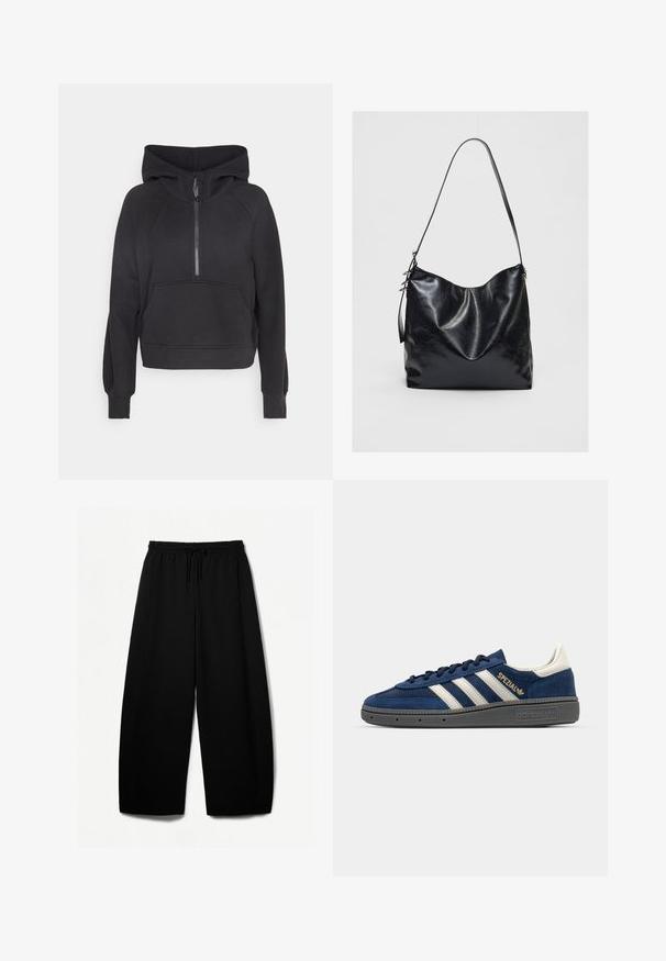 Czarna bluza z kapturem z pół-zipem, przednią kieszenią i ściągaczami przy rękawach. Wykonana z miękkiego materiału, o krótkim kroju i raglanowych rękawach.; Czarne spodnie typu wide-leg z elastycznym paskiem w talii i sznureczkiem. Miękka tkanina o gładkiej teksturze. Prosty krój z bocznymi szwami.; Granatowe zamszowe sneakersy z białymi paskami, złotym detalem "Spezial", szaro teksturowaną podeszwą, okrągłym czubkiem i dopasowanymi sznurówkami. Klasyczny design.; Czarna skórzana torba na ramię o miękkim, teksturowanym wykończeniu. Posiada zaokrąglony kształt i pojedynczy regulowany pasek. Brak dodatkowego sprzętu.