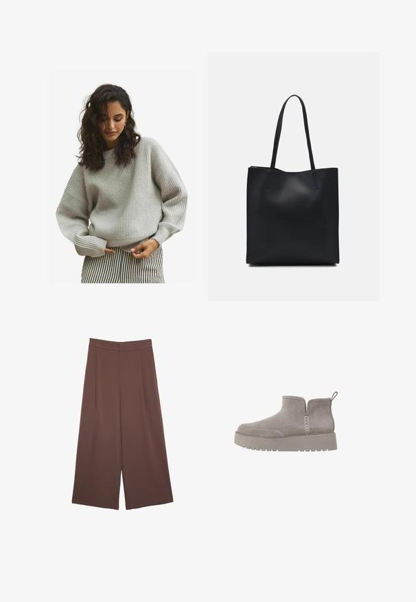 Maglione a costine grigio con una vestibilità rilassata, dotato di maniche lunghe e scollatura rotonda, abbinato a pantaloni a strisce bianche e nere.; Pantaloni ampi marroni con una texture liscia, caratterizzati da una vita alta e pieghe frontali. Il tessuto è leggero e scorre liberamente.; Stivale alla caviglia in suede grigio, dal profilo basso, con pannelli laterali elastici e suola in gomma testurizzata. Presenta un inserto per una facile calzata.; Borsa tote in pelle nera con texture liscia, forma rettangolare e due manici lunghi. Nessun hardware o decorazione visibile.