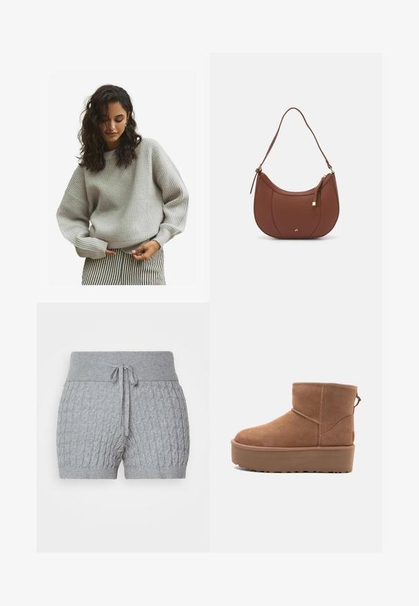 Grijze geribbelde truiena met een relaxte pasvorm, met lange mouwen en een ronde halslijn, gecombineerd met zwart-witte gestreepte broeken.; Grijze gebreide shorts met een gemerkt ontwerp, voorzien van een geribde tailleband en een verstelbaar trekkoord. Korte lengte, zacht materiaal.; Tan suède enkellaars met een platformzool, ronde neus en stiksels; heeft een trekband aan de achterkant voor gemakkelijke instap.; Bruine faux leren schoudertas met een gebogen vorm, minimale stiksels en een gouden hardware-accent. Voorzien van een bovenste ritsluiting en een verstelbare schouderband.