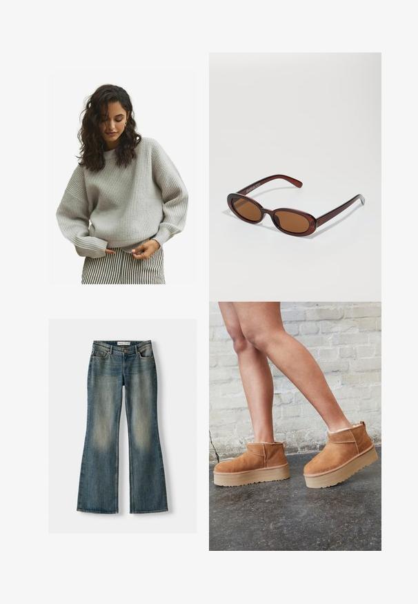 Maglione a costine grigio con una vestibilità rilassata, dotato di maniche lunghe e scollatura rotonda, abbinato a pantaloni a strisce bianche e nere.; Jeans flare blu con lavaggio sbiadito, cinque tasche e chiusura con bottone. Il materiale presenta una trama in denim con dettagli di cucitura sottili.; Stivali alla caviglia in suede marrone con una fodera morbida, suola platform spessa beige e un'asola posteriore. Superficie testurizzata con dettagli di cucitura ben visibili.; Occhiali da sole rotondi con tonalità marrone, montatura lucida color bordeaux. Aste sottili con un sottile dettaglio del marchio. Design delle lenti piatte.