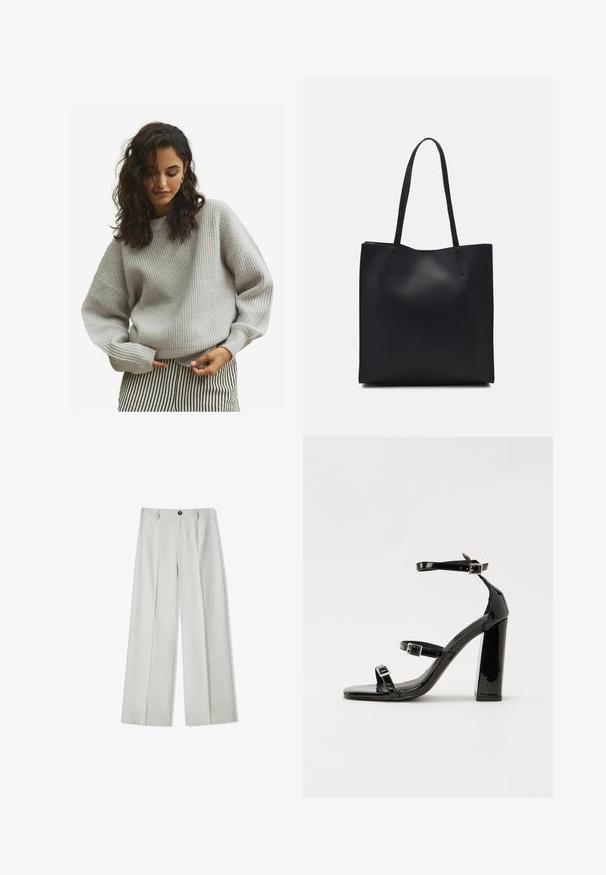 Grijze geribbelde truiena met een relaxte pasvorm, met lange mouwen en een ronde halslijn, gecombineerd met zwart-witte gestreepte broeken.; Lichtgrijze wijde broek van een gestructureerde stof, met een knoopsluiting en twee plooien aan de voorkant voor extra detail.; Zwarte gepatenteerde sandalen met hak en een vierkante neus, enkelbandjes en zilveren gespen. Heeft een stevige blokhak voor stabiliteit.; Zwarte leren handtas met een gladde textuur, rechthoekige vorm en twee lange handvaten. Geen zichtbare hardware of versieringen.