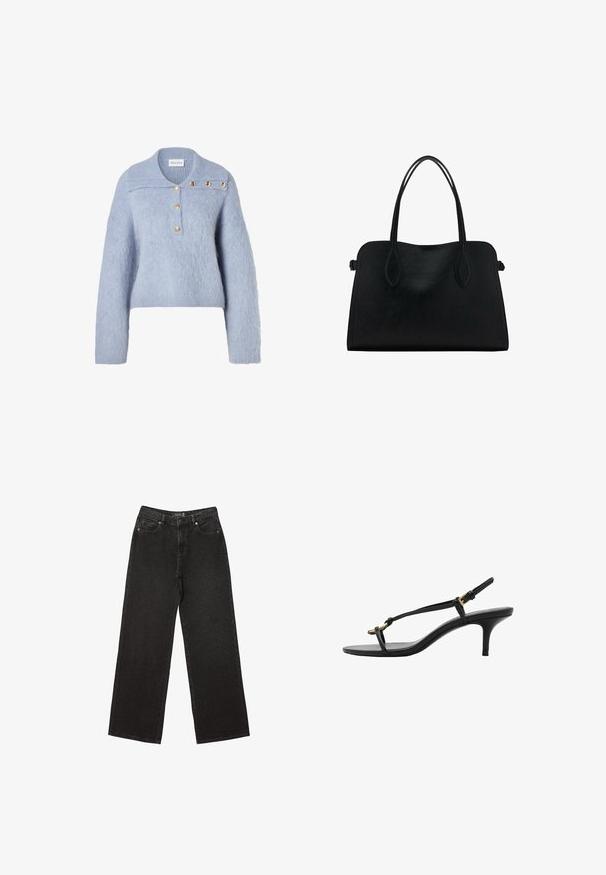 Hellblauer, flauschiger Strickpullover mit Polokragen, der vier goldfarbene Knöpfe an der Knopfleiste und eine kastige Silhouette aufweist.; Schwarze weit geschnittene Jeans aus Denim, mit kleinen gepunkteten Mustern, klassischem Fünf-Taschen-Design und einem Knopf- und Reißverschluss.; Schwarze Leder-Kitten-Heel-Sandale mit dünnen Riemen, goldener Schnalle und minimalistischer Zehen-Schlaufe vor einem weißen Hintergrund.; Schwarze Lederhandtasche mit zwei Schulterriemen, rechteckiger Form und minimalistischem Design auf weißem Hintergrund.