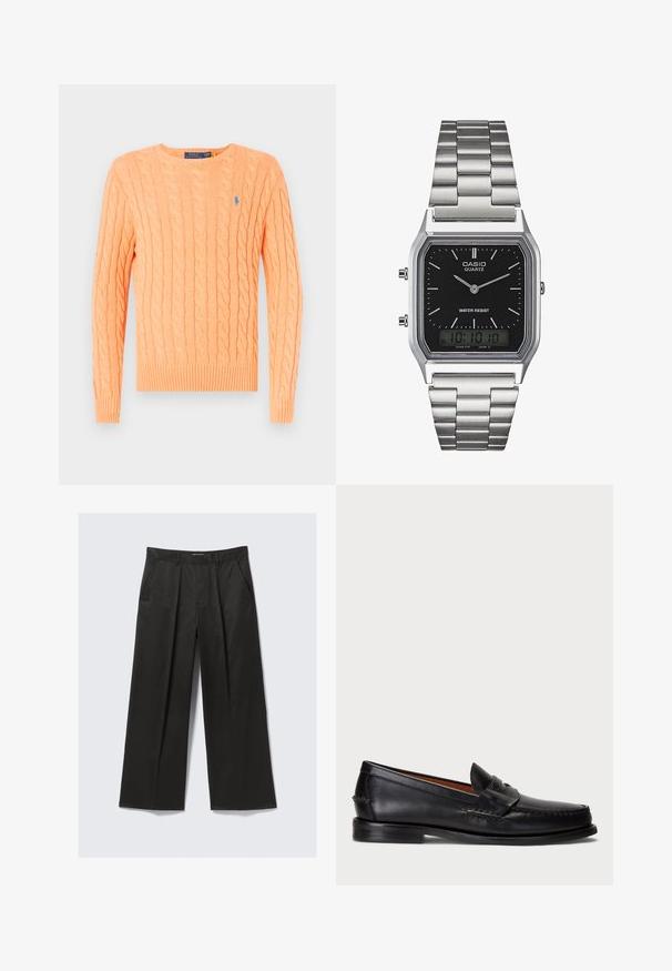 Oranža adīta džempera ar garām piedurknēm un ribotu apakšu. Priekšpusē ir neliels zils logotips. Izgatavots no mīksta tekstila materiāla.; Melnas platās bikses ar gludu tekstūru, ar divām priekšējām kabatām un nedaudz paaugstinātu vidukli.; Melnas ādas loafers ar noapaļotu purngalu, šuvju apdari un dekoratīvu joslu priekšā. Plakana zole ar minimālu profilu.; Sudraba nerūsējošā tērauda kvarca pulkstenis ar melnu taisnstūra seju, kas aprīkota ar analogajām rādītājiem, digitālo displeju un ūdensizturības norādi.