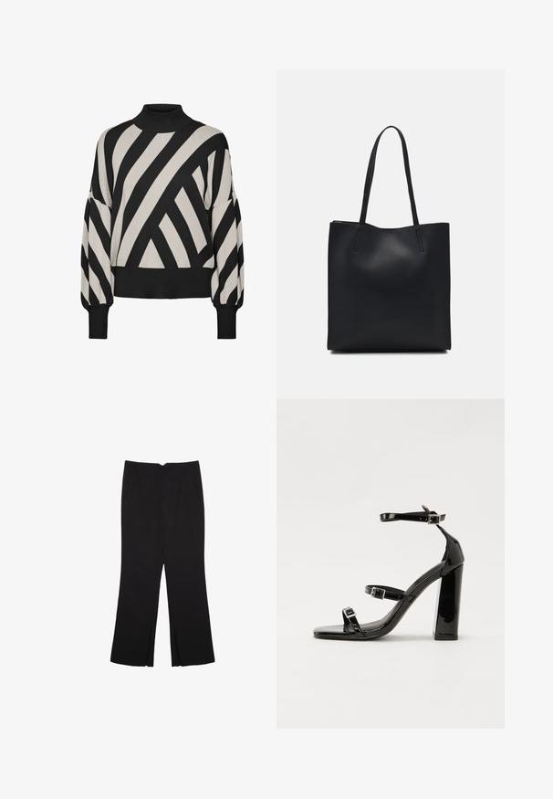 Pulover z dolgimi rokavi, črne in kremne barve, z visokim ovratnikom. Ima drzne, diagonalne črte ter rebrast rob in manšete za teksturiran videz.; Črne hlače ravnega kroja z naglavnimi žepi in stranskimi razporki na robu. Narejene iz mehke, gladke tkanine. Primerne za različne priložnosti.; Črne lakirane sandale s peto, kvadratnim prstom, trakovi okrog gležnja in srebrnimi zaponkami. Opremljene so s stabilno Debelo peto.; Črna usnjena torba s svilnato teksturo, pravokotne oblike in dvema dolgima ročajema. Brez vidnih metalnih delov ali okrasnih elementov.
