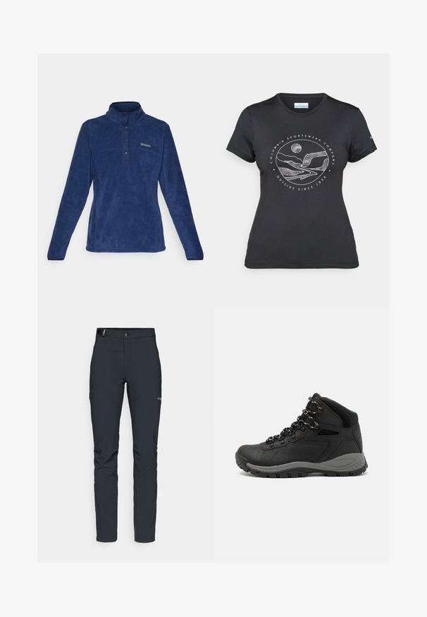 Niebieski polarowy półgolf z wysokim kołnierzem, z przodem na pół guzika, teksturowanym materiałem i małym logo na lewym górnym boku.; Czarny t-shirt Columbia z białą okrągłą grafiką gór i rzeki oraz napisem "Columbia Sportswear Company Outside Since 1938."; Męskie spodnie outdoorowe, ciemnoszare, wykonane z elastycznego materiału, z paskiem, kieszeniami na zamek oraz wzmocnionymi szwami.; Czarne buty trekkingowe z średnim cholewem, z teksturowaną cholewą, szarymi akcentami oraz trwałą gumową podeszwą z wypustkami zapewniającymi przyczepność.