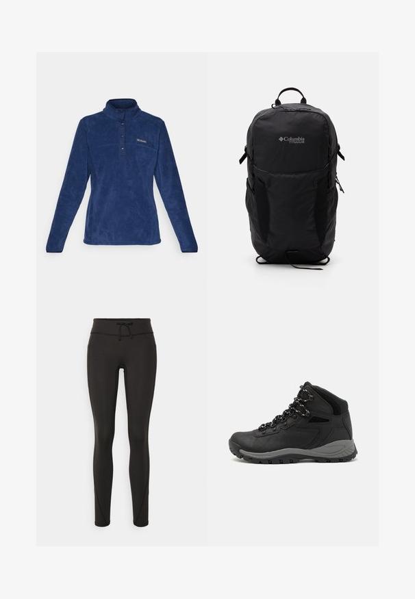 Modra flis jakna s visokim ovratnikom, ki ima spredaj pol gumbov, teksturirano blago in majhen logo na levem zgornjem delu.; Črne legice z visokim pasom, vrvico za zavezovanje, gladko teksturo in prilegajoč dizajn. Imajo šivane detajle ob straneh.; Črne pohodniške čevlje z srednje visokim dizajnom, ki imajo teksturirano zgornji del, sivi dodatki in vzdržljiv gumen podplat s protizdrsnimi izboklinami.; Črn nahrbtnik Columbia Titanium z gladko teksturo blaga, stranskimi žepi, zgornjim ročajem in nastavljivimi trakovi. Minimalistična zasnova z diskretnim logotipom.