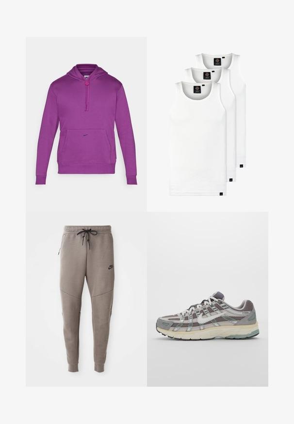 Purple sweatshirt with a hood, featuring a front kangaroo pocket and drawstring closure. Nike logo in black on the chest. Soft fabric texture.; Three white ribbed tank tops made of cotton. Features a crew neck and small black labels near the hem. Available in multiple sizes.; Gray Nike sweatpants with a drawstring waistband, tapered legs, side pockets, and distinct seam detailing. Soft, textured fabric.; Gray athletic shoe featuring a mesh and suede upper, white accents, a cushioned sole, and a distinctive design with reflective elements.