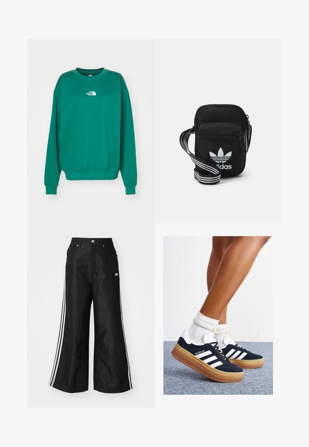 The North Face ESSENTIAL OVERSIZE CREW - Camisola - evergreen; Calças de denim largas pretas com três riscas brancas em cada lado e um pequeno logótipo branco. Apresenta bolsos frontais e um fecho de botão.; Ténis de camurça preta com riscas e detalhes brancos, biqueira arredondada, sola em borracha cor de goma, combinados com meias brancas caneladas até à altura do tornozelo.; Sacolinha transversal de tecido preto com fecho de zíper, apresentando um logo da Adidas em branco e uma alça ajustável listrada para facilitar o transporte.