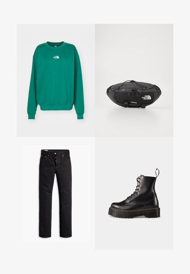 The North Face ESSENTIAL OVERSIZE CREW - Sweatshirt - evergreen; Black denim jeans with a straight cut, five-pocket design, and a button-fly closure. Features copper rivets and stitching accents.; Black leather lace-up ankle boots with a chunky black sole and yellow stitching. Features a pull tab at the back and circular metal eyelets.; The North Face TERRA LUMBAR 3L UNISEX - Bum bag - asphalt grey/black