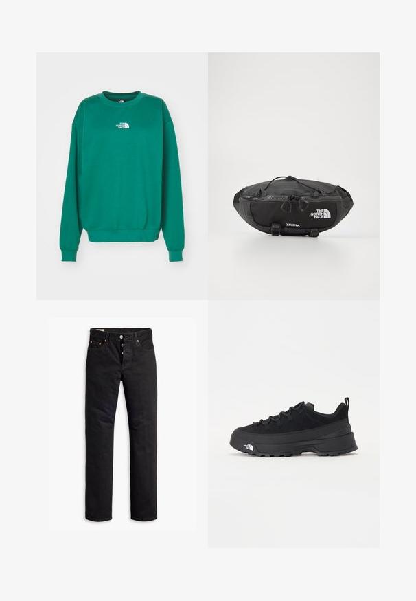 The North Face ESSENTIAL OVERSIZE CREW - Melegítőfelső - evergreen; Fekete farmereket egyenes szabással, öt zsebből álló dizájnnal és gombos zárással. Jellemzői a réz szegecsek és a varrási díszítések.; Fekete kültéri sneaker velúr felsőrésszel, texturált gumitalppal és strapabíró fűzőrendszerrel. Megerősített sarkú és oldalán márkalogóval rendelkezik.; The North Face TERRA LUMBAR 3L UNISEX - Övtáska - asphalt grey/black