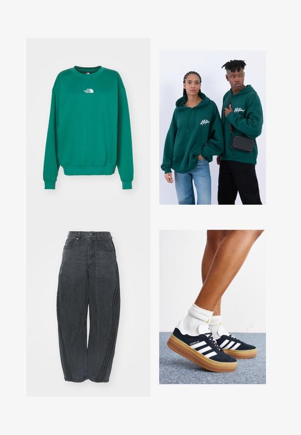 The North Face ESSENTIAL OVERSIZE CREW - Collegepaita - evergreen; Löysät mustat farkut, joissa on haalistunut viimeistely, viisi taskua, vyötärön napitus ja ommellut yksityiskohdat edessä ja sivuilla.; Musta mokkanahkainen tennari, jossa valkoiset raidat ja yksityiskohdat, pyöreä kärki, purukumipohja, yhdistetty valkoisiin ribbineuleisiin nilkkasukkiin.; Vihreät hupparit, joissa on etutaskut ja löysä istuvuus. Toisella mallilla on päällään mustat farkut ja toisella on musta olkalaukku.