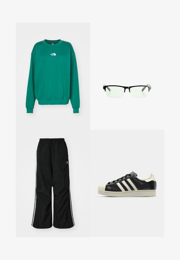 The North Face ESSENTIAL OVERSIZE CREW - Sweater - evergreen; Zwarte windbreakerbroek met een elastische tailleband, koordjes, witte zijstrepen, losse pasvorm en een klein logo aan de linkerkant.; Zwarte leren sneaker met witte strepen, rubberen teenbescherming, zwarte veters en een crèmekleurige loopzool. Glad oppervlak met een glanzende afwerking.; Zwarte rechthoekige bril met heldere glazen, uitgerust met slanke zwarte monturen en grijs transparante pootjes. Minimalistisch ontwerp, geen zichtbare merknaam.