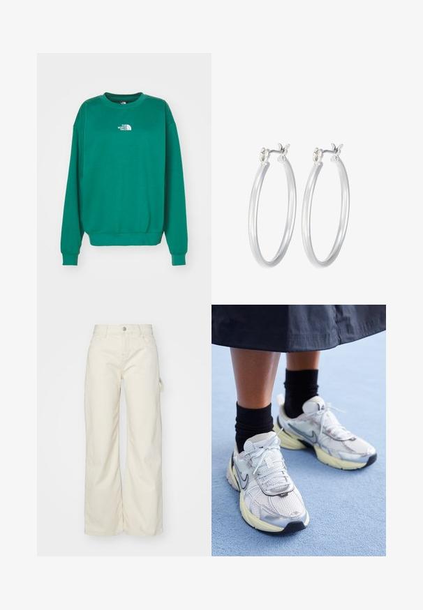 The North Face ESSENTIAL OVERSIZE CREW - Sweatshirt - evergreen; Breda byxor i ljusbeige tyg, med hög midja, framfickor och en sidodetalj i form av en ögla för ökad funktionalitet.; Vita och silver Nike-sneakers i mesh-material, med reflexdetaljer och en beige sula. Bärs med svarta strumpor, står på en blå yta.; Silverfärgade hoopörhängen med en slät, polerad yta. Rund form och säker klickstängning. Lättviktig design som passar för vardagligt bruk.