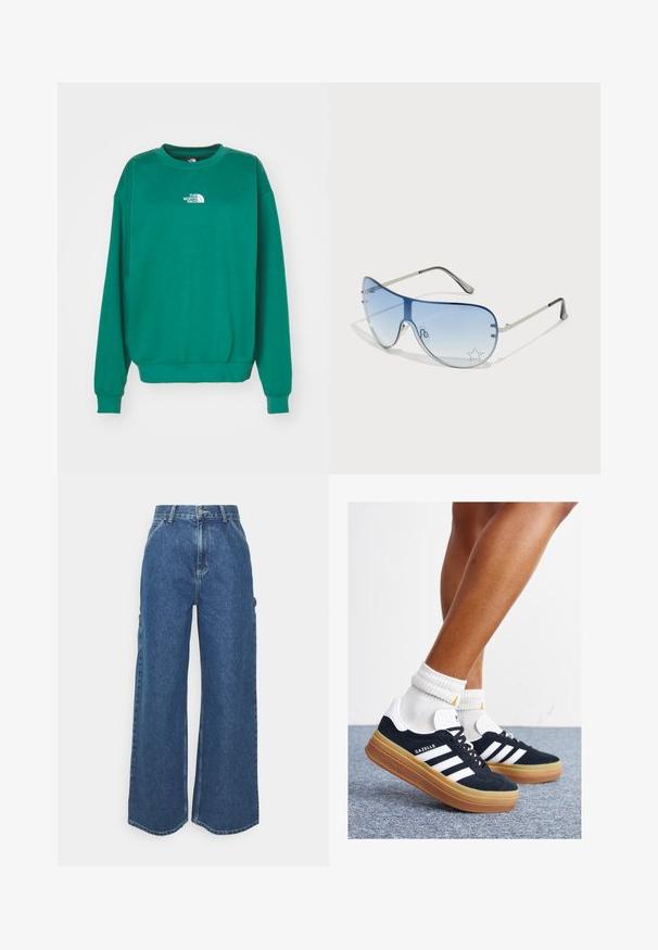The North Face ESSENTIAL OVERSIZE CREW - Sweatshirt - evergreen; Wide-leg blue denim trousers with a high waist, contrasting stitching, and side pockets, featuring a classic five-pocket design and raw hems.; Black suede sneakers with white stripes and accents, rounded toe, gum rubber outsole, paired with white ribbed crew socks.; Aviator sunglasses featuring a gradient blue lens, silver metal frame, and decorative star accents on the lens. Smooth and sleek design.