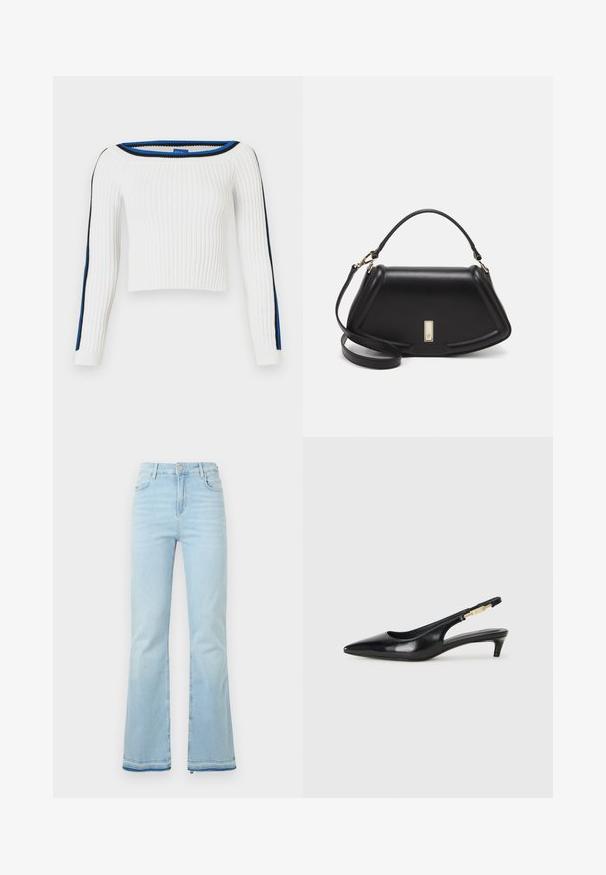 Ribbed white sweater with off-shoulder design, featuring blue and black stripes along the sleeves and a cropped length.; Light blue flared jeans made of denim, featuring a high waist, front pockets, and a raw hem at the cuffs for a casual look.; Black leather slingback heels with a pointed toe, featuring a slim heel and a gold-tone accent on the adjustable strap. Smooth texture.; Black leather handbag with a structured design, featuring a cropped shape, top handle, and gold hardware accent. Adjustable shoulder strap included.