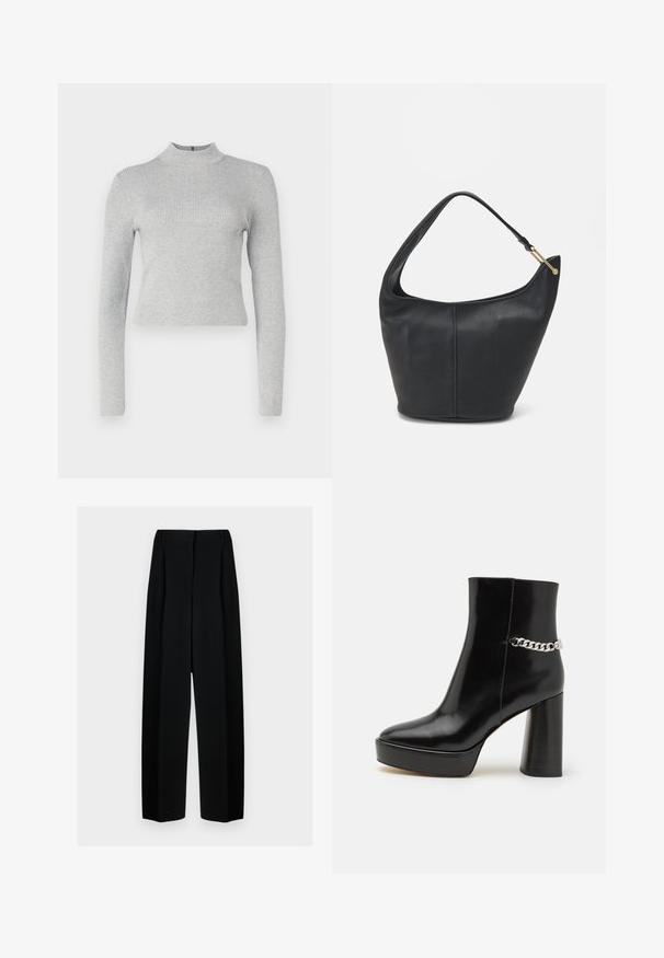 Maglietta a maniche lunghe grigia chiara a coste con silhouette aderente e una piccola chiusura con zip sul retro. Texture liscia in tutto il capo.; Pantaloni neri a gamba larga con vita alta, dotati di pieghe e una texture liscia. Il tessuto sembra leggero e si drappeggia in modo elegante.; Stivale alla caviglia in vernice nera con una piattaforma chunky e un tallone alto a blocco. Presenta un accento di catena argentata sul lato. Texture liscia.; Borsa a tracolla in pelle nera con forma arrotondata, una tracolla ampia e una finitura testurizzata. Presenta un dettaglio di cucitura discreto e un dettaglio in metallo dorato.