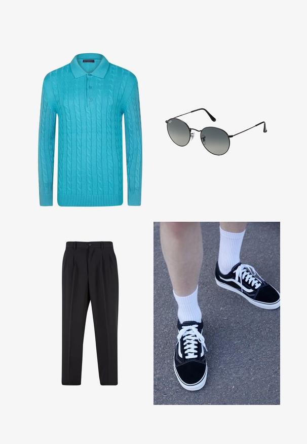 Turquoise gebreide pullover met kabelontwerp, geribbelde manchetten en zoom, en een klassieke polo kraag met twee knopen.; Zwarte broek met een geplooid design aan de voorkant, gemaakt van soepel stof. Voorzien van een knoopsluiting en riemlussen; rechte pasvorm.; Zwarte suède sneakers met witte accenten en veters, gecombineerd met witte geribde crew sokken, geplaatst op een gestructureerd grijs oppervlak.; Zwarte metalen zonnebril met ronde gradient lenzen, voorzien van dunne pootjes en transparante neuspads voor een comfortabele pasvorm.