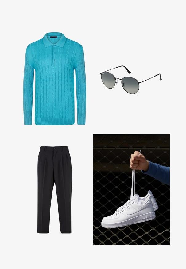 Tyrkysový pletený pulovr s kabelovým vzorem, žebrovanými manžetami a lemem, a klasickým polo límcem se dvěma knoflíky.; Černé kalhoty s plisovaným předním designem, vyrobené z hladké tkaniny. Obsahují zapínání na knoflík a poutka na opasek; rovný střih.; Bílé kožené tenisky s perforacemi, kulatou špičkou, plochou podrážkou a silnými tkaničkami, které mají viditelné logo swoosh a nápis "AIR" na patě.; Černé sluneční brýle s kulatými gradientovými čočkami, tenkými stranicemi a průhlednými nosními podložkami pro pohodlné nošení.