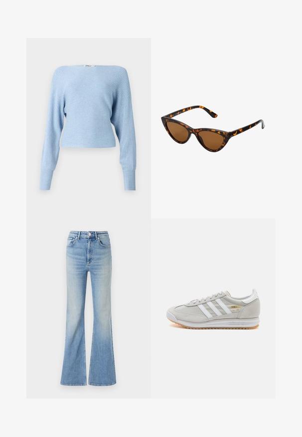 Svijetloplavi rebrasti pulover dugih rukava i skraćenog kroja. Ima široki izrez i mekani pleteni materijal. Oznaka je vidljiva na vrhu.; Svijetloplave široke traperice s visokim strukom, pet džepova i suptilnim gradijentnim izbljeđivanjem prema rubu.; Svijetlosivi tenisice od antilopa i mrežice, s tri bijele pruge, okruglim vrhom i gumenom potplatom. Zlatni logo akcent blizu vezica.; Sunglasses u obliku mačjih očiju s okvirom u crno-narančastom kornjačevom uzorku, smešnim lećama i elegatnim, šiljastim vrhovima. Sadrži minimalni logo na dršci.