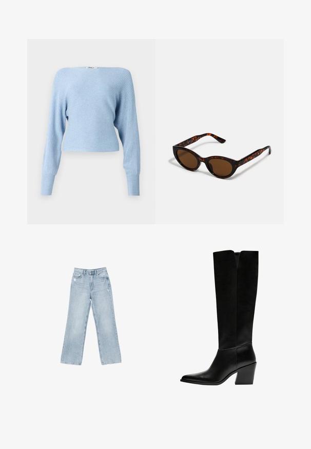 Light blue ribbed sweater with long sleeves and a cropped fit. Features a wide neckline and soft knit texture. Tag visible at the top.; Light blue denim jeans with a wide-leg cut, distressed detailing, five-pocket design, and a zip-fly closure.; Black knee-high boots made of smooth leather, featuring a pointed toe, a block heel, and a V-shaped cutout at the top.; Brown tortoiseshell sunglasses with a vintage cat-eye shape and brown lenses. Features curved arms with red accents.