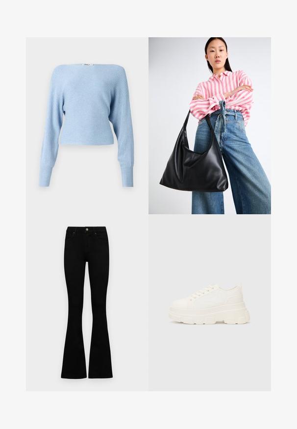 Hellblaues, geripptes Sweatshirt mit langen Ärmeln und cropped Fit. Verfügt über einen weiten Ausschnitt und eine weiche Stricktextur. Etikett oben sichtbar.; Schwarze hochtaillierte Jeans mit einem Knopf- und Reißverschluss, Fronttaschen und ausgestellten Beinen, flach auf einem weißen Hintergrund ausgelegt.; Weiße Leinensneaker mit einer massiven Sohle, abgerundeter Spitze und fünf Ösen für Schnürsenkel. Hinterer Tab für ein einfaches Anziehen. Glatte Textur, minimalistisches Design.; Schwarze Leder-Umhängetasche mit einer lässigen Form und Nahtdetails. Das Modell trägt ein pink-weiß gestreiftes Hemd zu weit geschnittenen blauen Jeans.