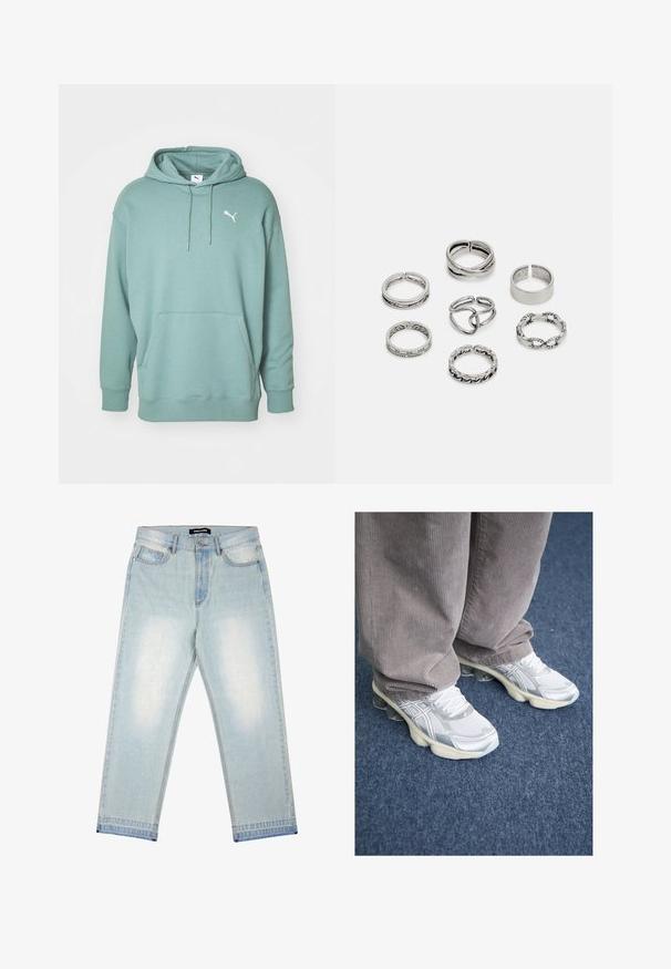Mikina Puma v jemnej mätovej farbe, vyrobená z mäkkého materiálu, s klokaním vreckom, kapucňou na šnúrku a bielym logom na hrudi. Štandardný strih, rebrované manžety.; Pegador BARROW - Džínsy široké - sand washed blue; Biele športové tenisky zo sieťoviny so striebornými detailmi, s hrubou podrážkou a šnurovacím systémom. Nosia sa s sivými manšestrovými nohavicami. Pozadie je modrý koberec.; Sada siedmich strieborných prsteňov s rôznymi dizajnmi, vrátane skrútených, prepojených a gravírovaných vzorov. Rôzne tvary a šírky.