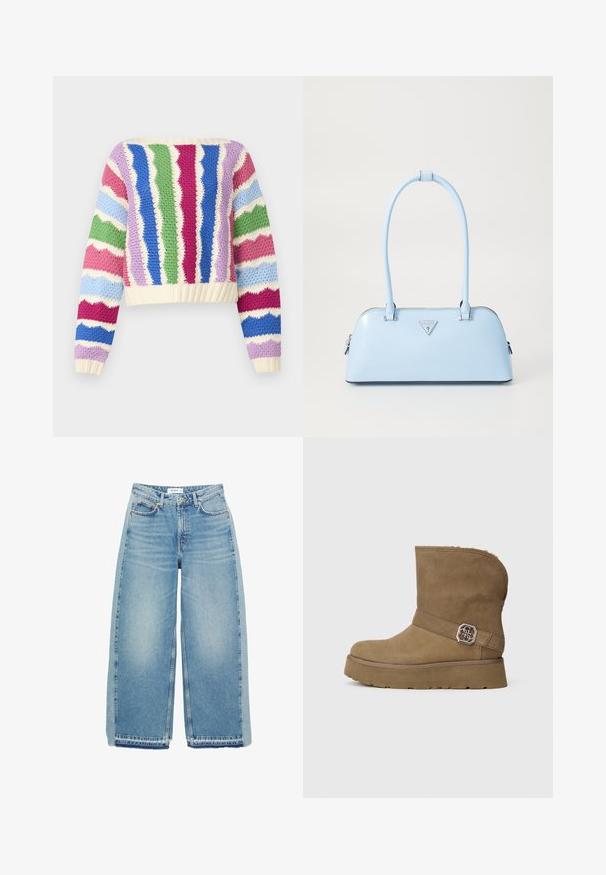 Crochet sweater featuring wavy stripes in pink, blue, green, lavender, and cream. Cropped design with ribbed neckline and cuffs.; Light blue wide-leg jeans made of denim, featuring a high waist, button closure, front pockets, and raw hem.; Brown suede ankle boot with a rounded toe, a plush lining, and a decorative metallic buckle at the ankle. Features a thick platform sole.; Light blue handbag with a structured shape, smooth leather material, two handles, and a triangular brand logo on the front. Zippered closure.