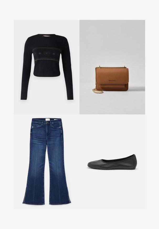 Juodas trumpas megztinis su ilgomis rankovėmis, turintis akcentuotą horizontalią juostą su stilizuotais raštais ir žvaigždėmis per krūtinę.; Tamsiai mėlynos flare tipo džinsai, pagaminti iš džinsinio audinio. Su aukštu liemeniu, priekinėmis kišenėmis ir skeltukais hem'e. Klasikinis penkių kišenėlių dizainas.; Juodai odiniai baletai su apvaliu pirštu, lygi texture, minimalus siuvimo detales ir lanksčiu padų dizainu.; Ruda tekstūruota odinė per petį nešama rankinė su auksiniu grandininiu dirželiu ir užlenkiamo užsegimo. Priekinėje pusėje yra logotipo detalė ir kišenė po užlenkimu.