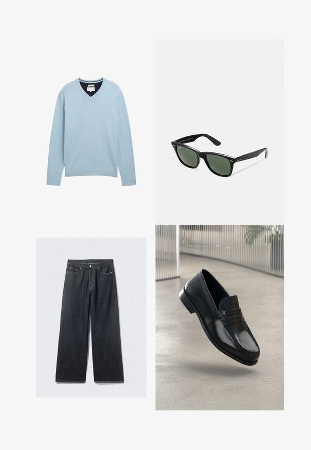 Heledsinine V-kaelusega kampsun, mis on valmistatud pehmest puuvillast. Omab pikki varrukaid, soonikuid mansette ja diskreetset logo rinnal.; Tumedate teksad laia säärega ja kõrge vöökoht, millel on vasktooni nupukesed ja kontrastne õmblemine, sile tekstuur ja nähtamatud mustrid.; Mustad nahast mokassiinid, millel on sile viimistlus, ümar varvas, dekoratiivsed õmblused ja veidi kõrgendatud tald.; Mustad mustan plastiku prillid roheliste läätsedega, ruudukujulised raamid, hõbedane aksent kulmude peal ja tekstuuriga tempelkäed. Brändi nimi on märgitud sisevarrele.