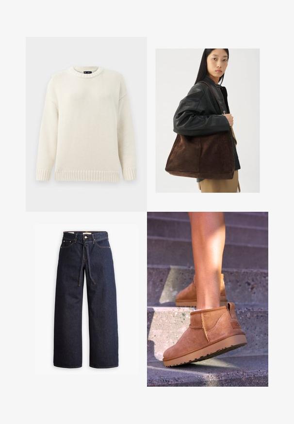 Hele kreemikookon kudum, millel on ümar kaelus, soonikud varrukatel ja allääres. Omab tekstuurset mustrit ja langenud õlgu, mis tagavad mugava istuvuse.; Laiad joped tumeda sinise denimi ja kõrge taljega, millel on paela kinni tõmbamise võimalus, viis taskut ja kontrastsete õmblustega detailid.; Kergedest nahast pahklu ботинки pehme tekstuuriga, õmmeldud detailide ja kummist tallaga, millel on sanga kand kergesti selga panemiseks.; Pruun suede totes kott laia kujuga ja pehme tekstuuriga, millel on üks rihm ja minimaalne riistvara neutraalses taustas.