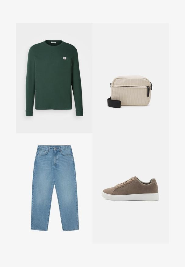Sweater de mangas longas, verde, feito de tecido canelado com gola redonda. Apresenta um pequeno logótipo em forma de patch no peito e punhos canelados.; Jeans de ganga de perna larga em azul-claro com cintura alta, apresentando cinco bolsos, passadores para cinto e uma textura suave, ligeiramente desbotada.; Sapatilhas de camurça castanha com solas de borracha branca plana, design de atacadores, biqueira redonda e textura suave. Estilo minimalista com detalhes de costura sutis.; Bolsa crossbody em cor creme feita de corduroy, com um fecho de correr preto, alça removível e padrão texturizado. Apresenta um compartimento principal e um bolso na frente.