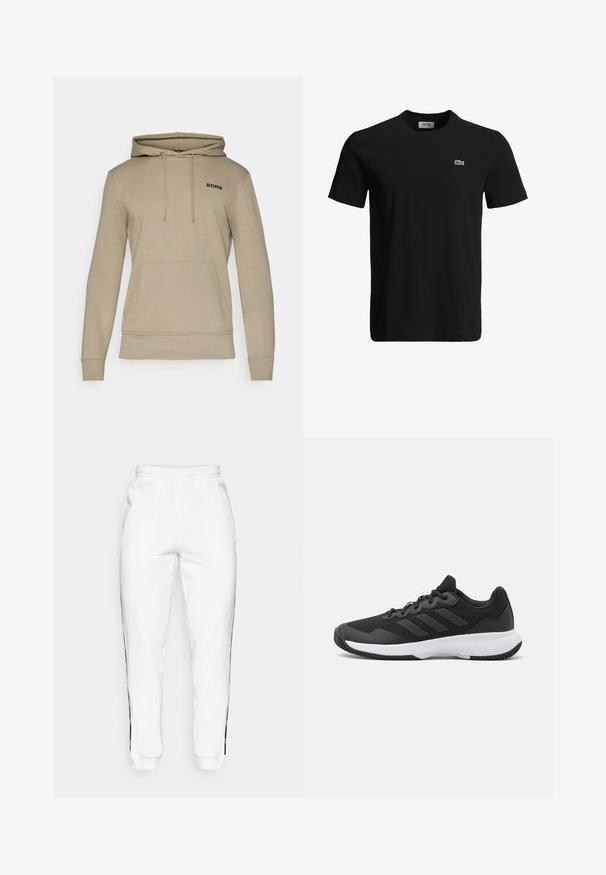 Felpa beige con tasca a canguro, cappuccio con cordino e logo "BORG" nero sul petto. Realizzata in un morbido tessuto dalla texture piacevole.; T-shirt in cotone nero con colletto rotondo, maniche corte e un piccolo logo di coccodrillo verde sul lato sinistro del petto. Texture liscia, design casual.; Pantaloni della tuta bianchi con cintura elastica, caratterizzati da strisce laterali nere e polsini. Realizzati in tessuto morbido con una texture liscia.; Scarpa da ginnastica nera con parte superiore texturizzata, tre strisce orizzontali e una suola bianca con battistrada a motivo. Design leggero e aerodinamico.